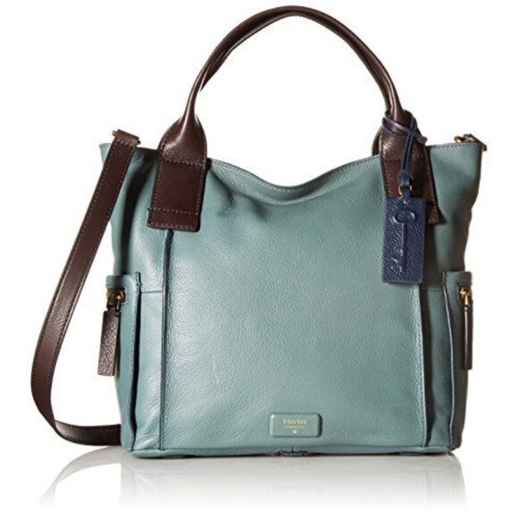 Fossil VTG Emerson Satchel Pebbeled Leather Handbag Shoilder Bag Seaglass/Brown - Picture 1 of 8